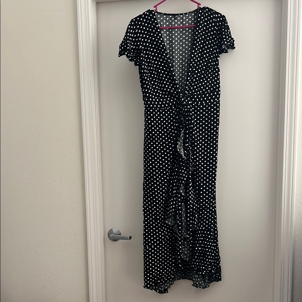 Chic Black and White Polka Dot Maxi Wrap Dress Size Medium